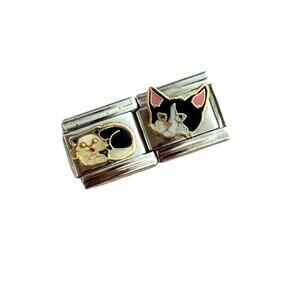 NWT 2x9mm Black and White Cat Silver Stainless Steel Italian Charms